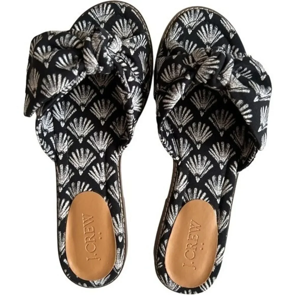 J.Crew Black Ivory Printed Knot Slide Sandals, US8.5